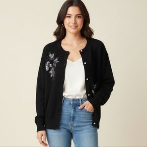 VINTAGE 80s BUBBLES T. Black Beaded Cardigan M/L Embellished Floral Sequins